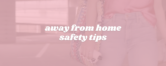 away from home safety tips header photo with woman walking with sidekick