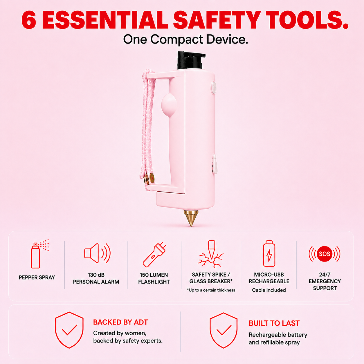 Pink personal safety alarm device with a wrist strap, shown on a light pink background with feature icons and text highlighting included safety tools and product features.