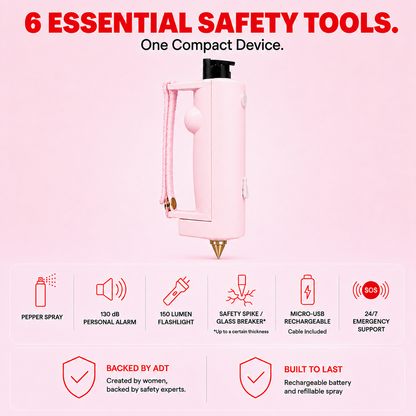 Pink personal safety alarm device with a wrist strap, shown on a light pink background with feature icons and text highlighting included safety tools and product features.
