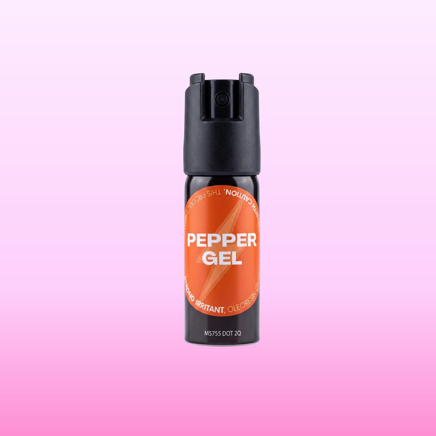 A pepper gel spray canister with a black pump dispenser and a bright orange label reading 'PEPPER GEL' on a pink gradient background.
