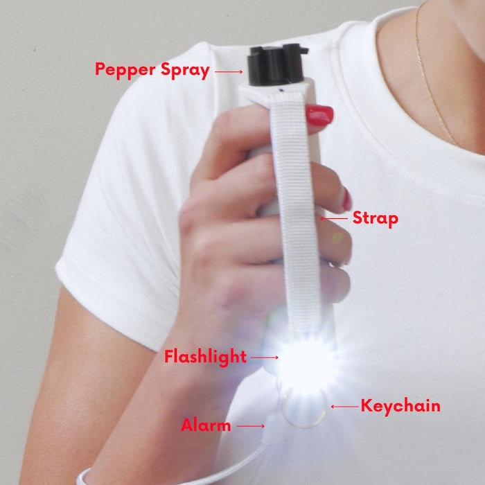 sidekick features include pepper spray flashlight strap alarm and keychain