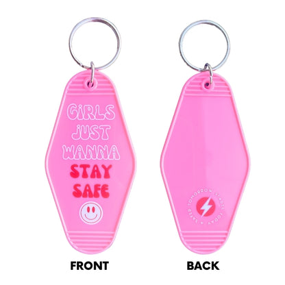 pink motel keychain girls just wanna stay safe