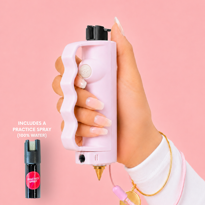 Pink Safely SOS Sidekick with knux grip pepper spray and practice spray both personal safety device