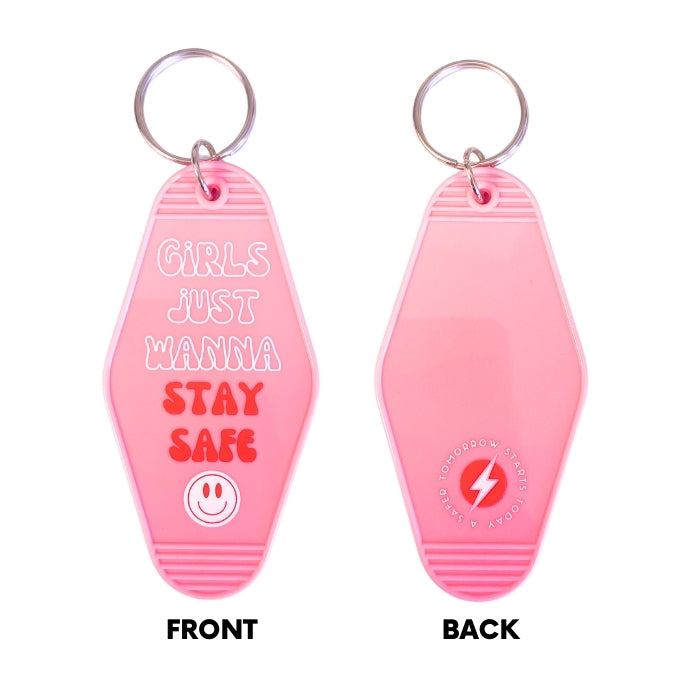 pink motel keychain girls just want to stay safe