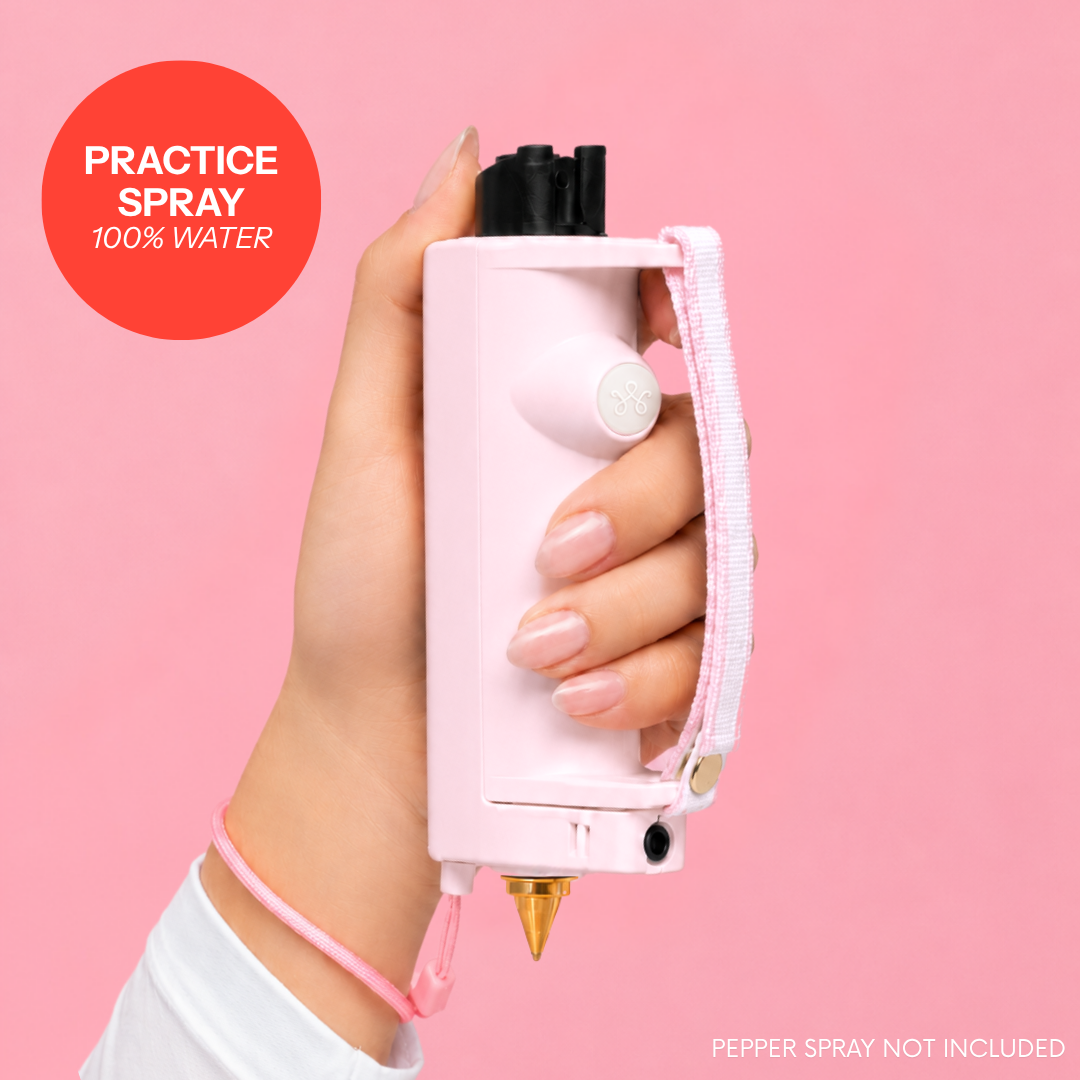 Pink Safely SOS Sidekick with strap grip and practice spray women's pepper spray device