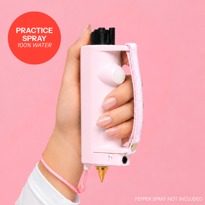 Pink Safely SOS Sidekick with strap grip and practice spray women's pepper spray device