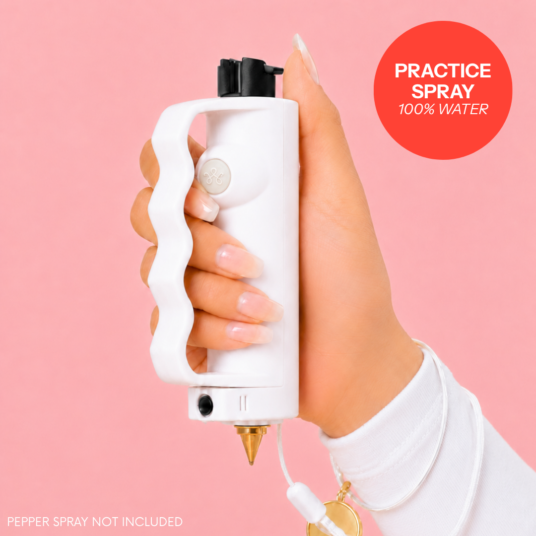 White Safely SOS Sidekick with knux grip and practice spray personal safety device for women